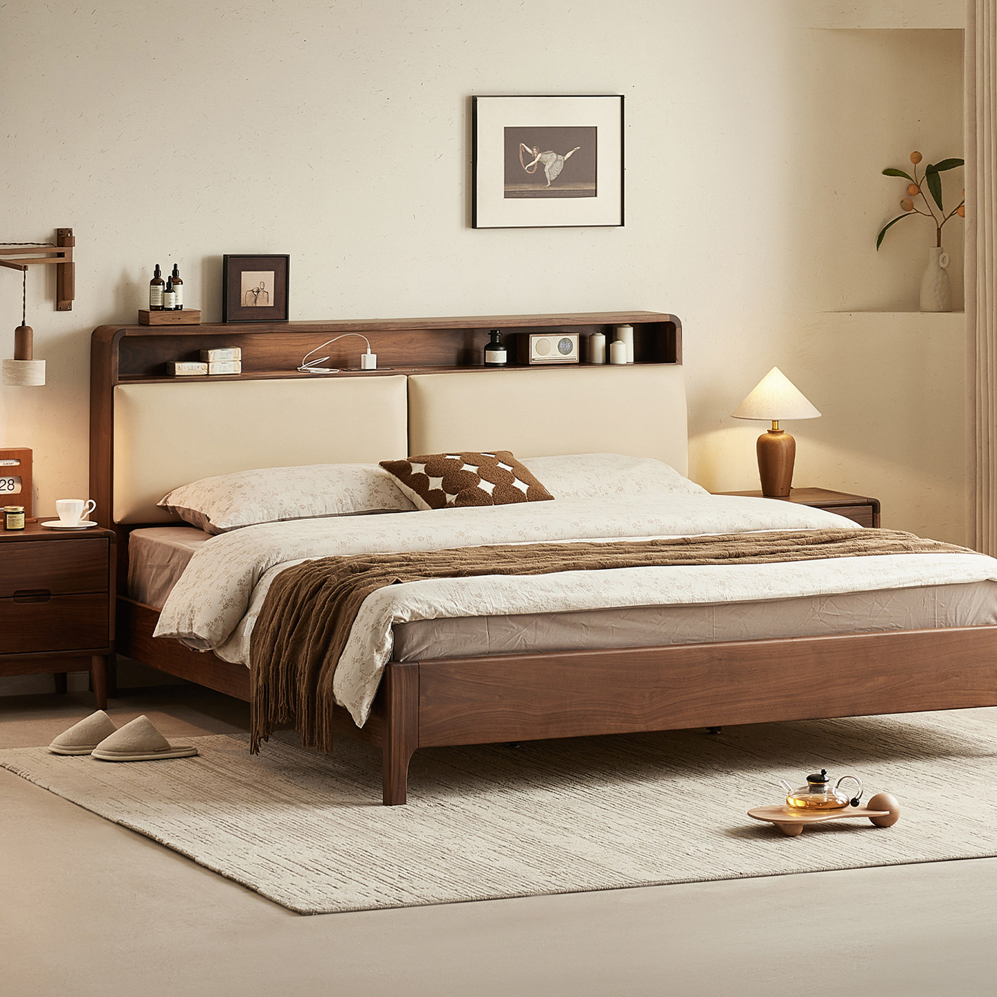 水墨兰亭黑胡桃木床复古风可储物