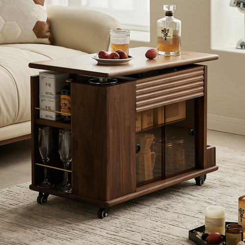 黑胡桃木旋转茶几小户型客厅家用沙发边柜可移动小推车巴士边几