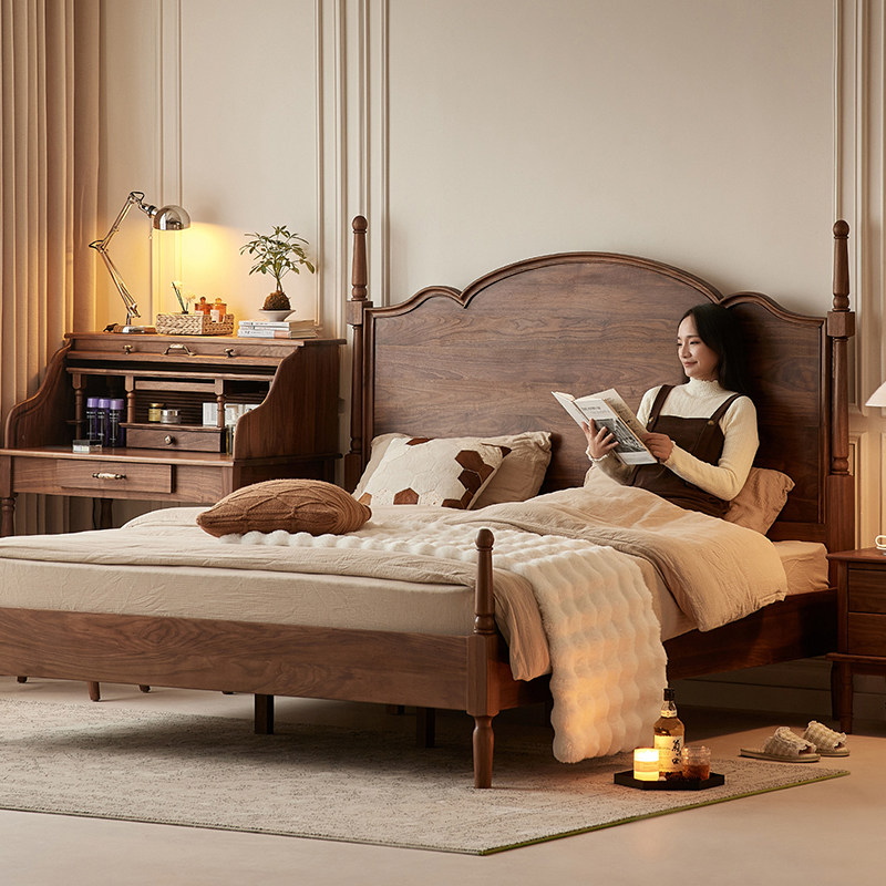 水墨兰亭法式中古风黑胡桃木床1.8m主卧美式高靠背实木床2026新款,住宅家具,实木床,淘宝优惠券,粉丝福利购,淘宝优惠卷