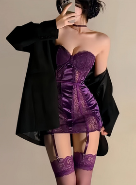 2025性感迷人诱惑紫色低胸修身挂脖胸衣吊带辣妹午夜魅力免脱激情