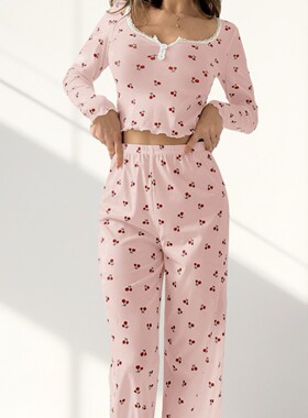 欧美时尚印花长袖上衣长裤睡衣家居服套装女 Pajama Homewear Set