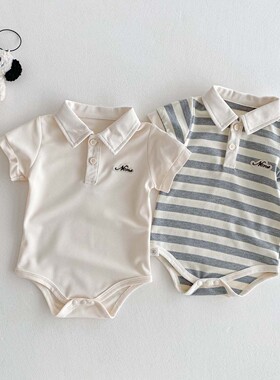 短袖包屁衣小宝宝夏季翻领polo哈衣男童衬衣领连体衣服婴幼儿爬服