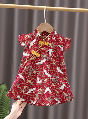 女童旗袍国风红色唐装汉服夏季公主裙婴幼儿童百日宝宝短袖连衣裙