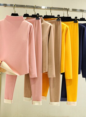 亮黄色保暖内衣套装女士AB面德绒半高领贴身秋冬加厚磨毛秋衣秋裤