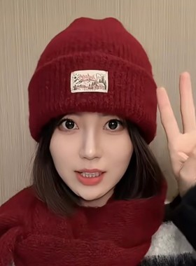 韩版针织毛线堆堆帽子女款2025新款秋冬季贴标红色保暖护耳冷帽男