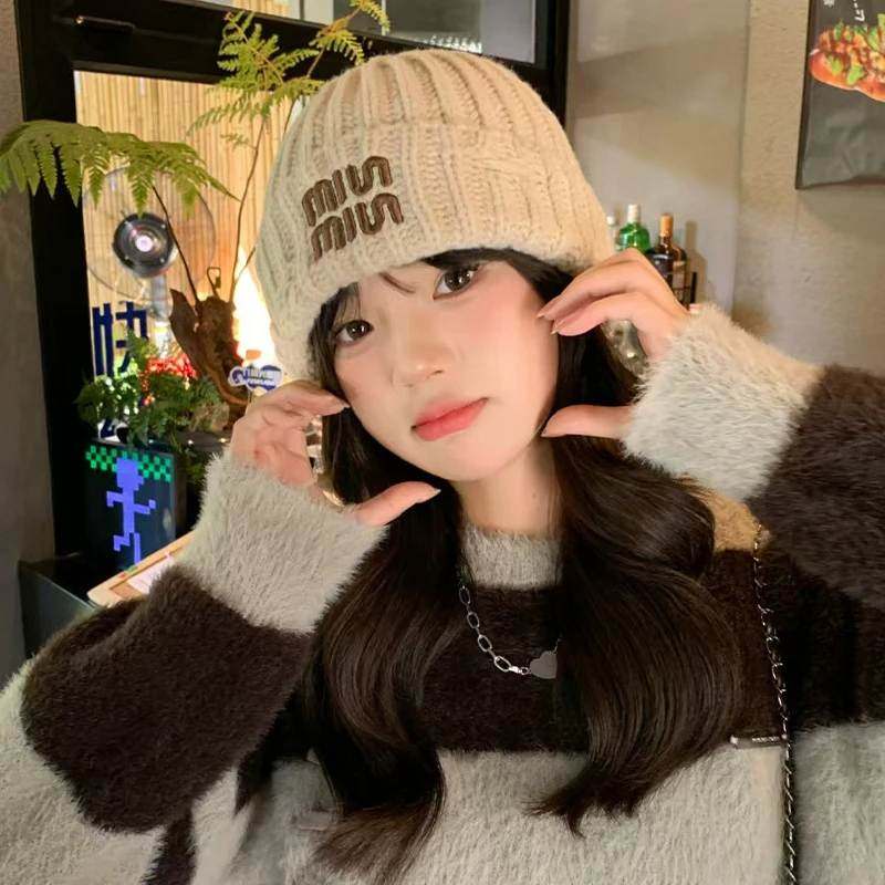 2024年新款美拉德毛线帽女士秋冬季显脸小保暖针织帽子潮冬天女款