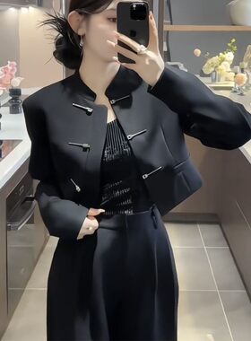2025秋季网红新款国风两件套女新中式重工盘扣黑色短款外套阔腿裤