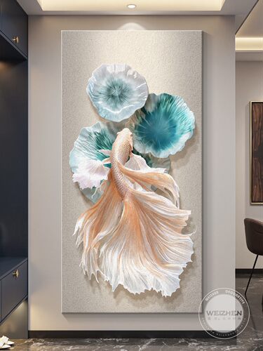 锦鲤轻奢入户玄关装饰画走廊过道挂画壁画简约现代高级感立体砂岩