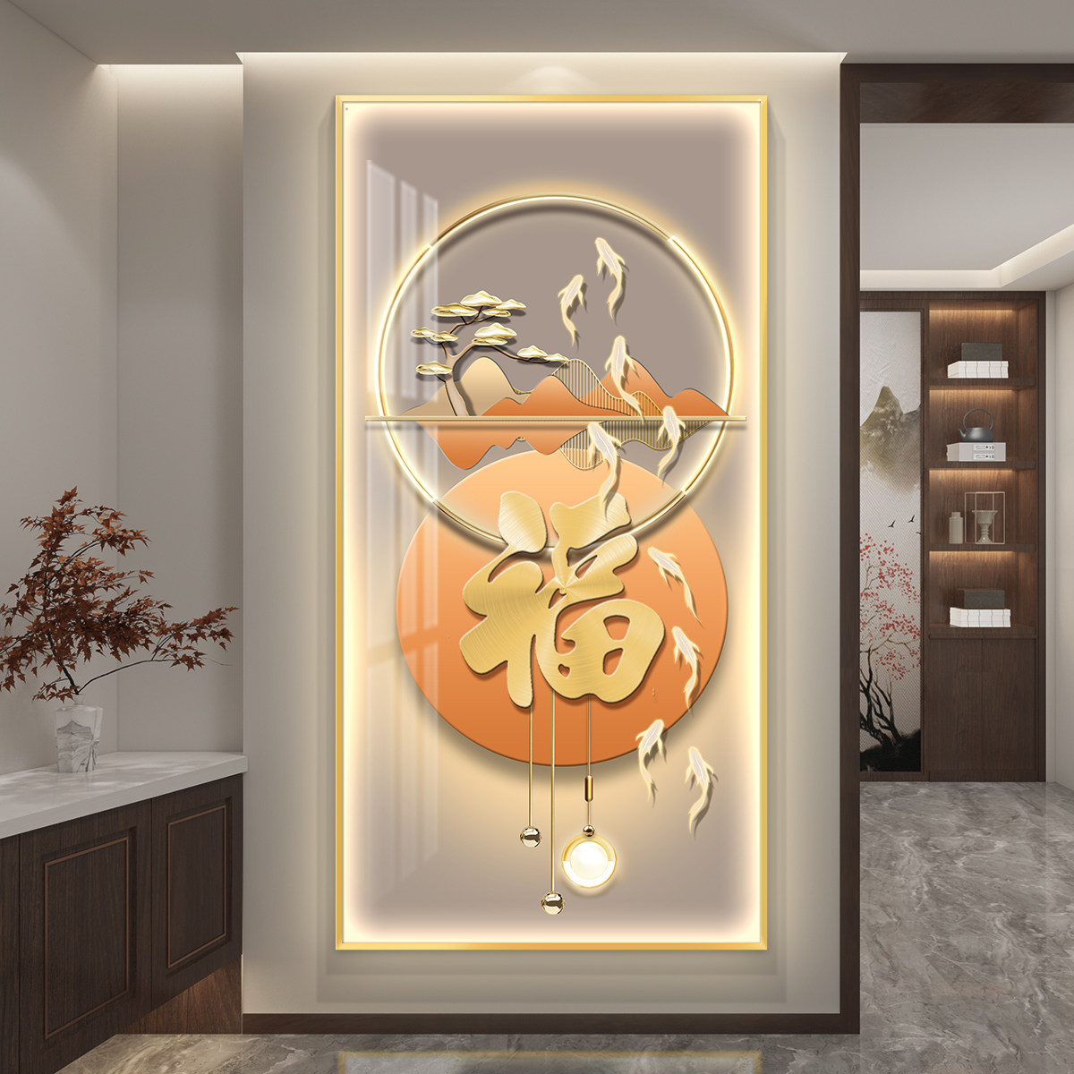 福字led灯轻奢入户进门玄关装饰画竖版挂画壁画简约现代走廊过道