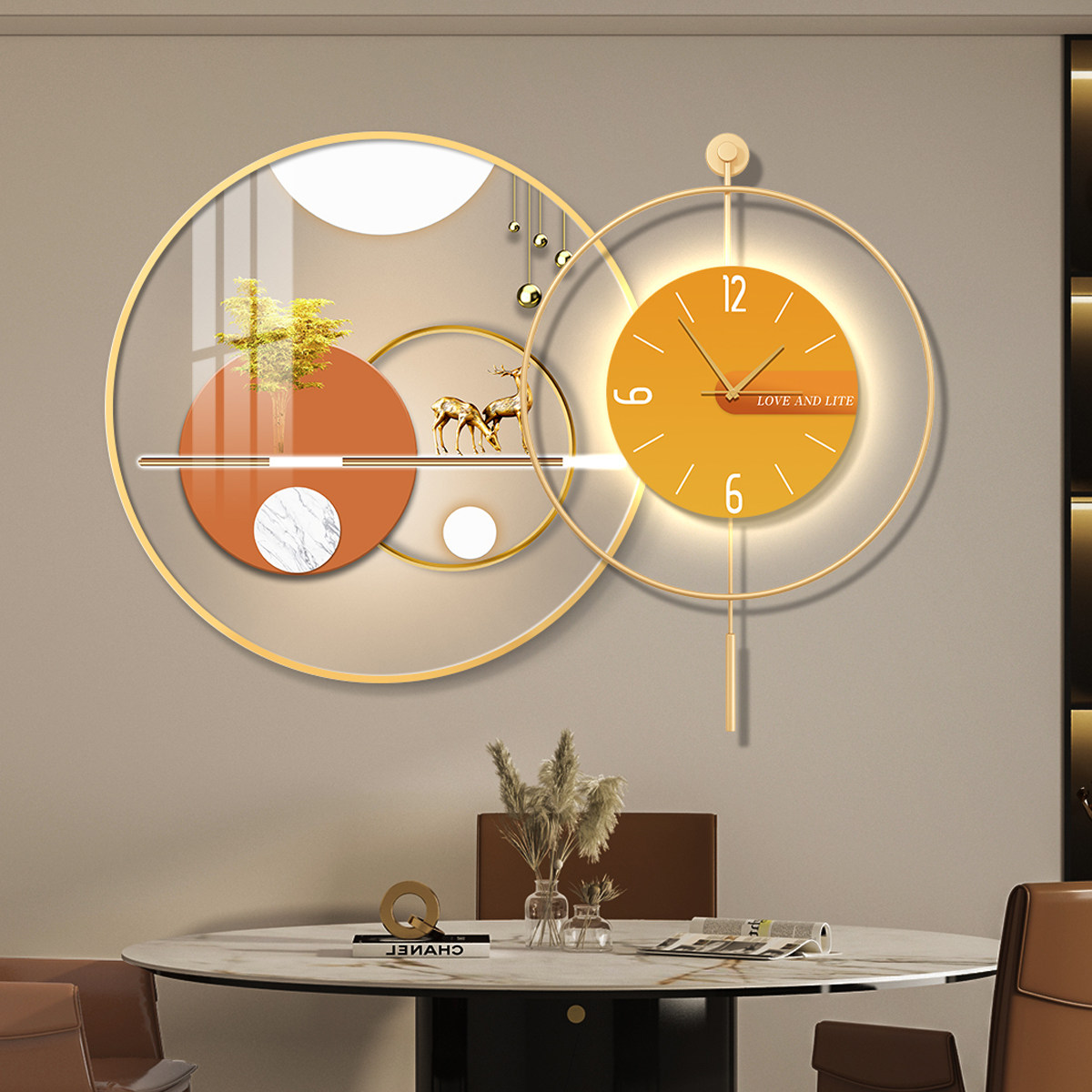 led带灯轻奢餐厅装饰画饭厅背景墙挂画壁画简约现代高级感带钟表