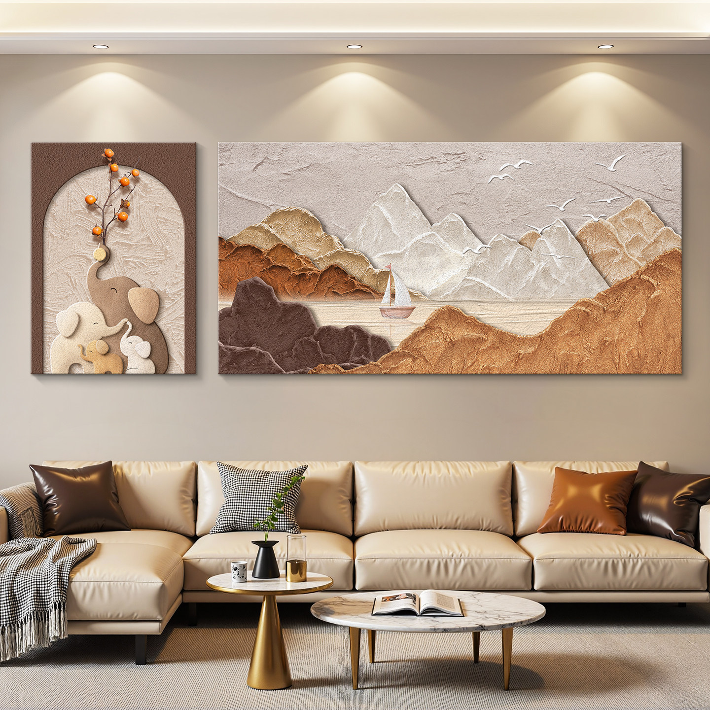 轻奢客厅装饰画沙发背景墙挂画壁画简约现代高级感山水画立体砂岩
