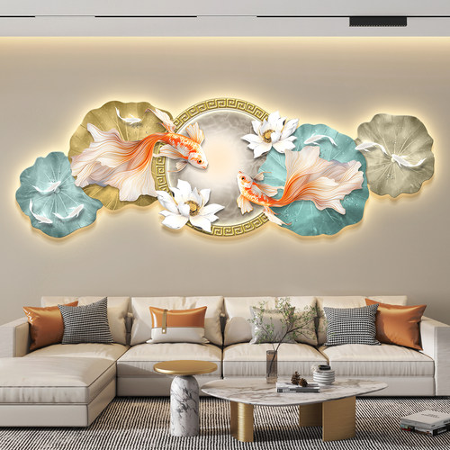 锦鲤led带灯轻奢客厅装饰画沙发背景墙挂画壁画简约现代高级感