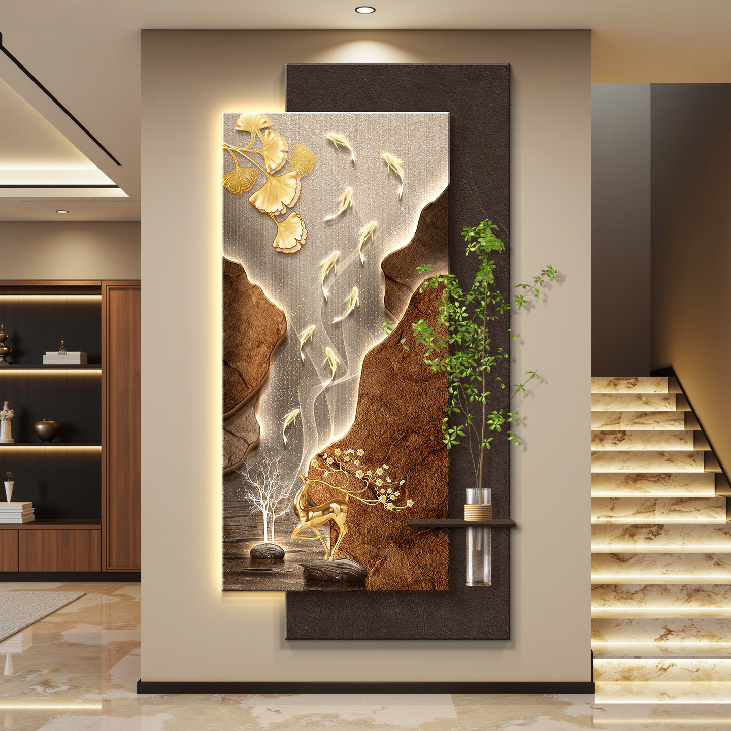 九鱼图轻奢led灯入户玄关装饰画走廊过道挂画壁画简约现代高级感