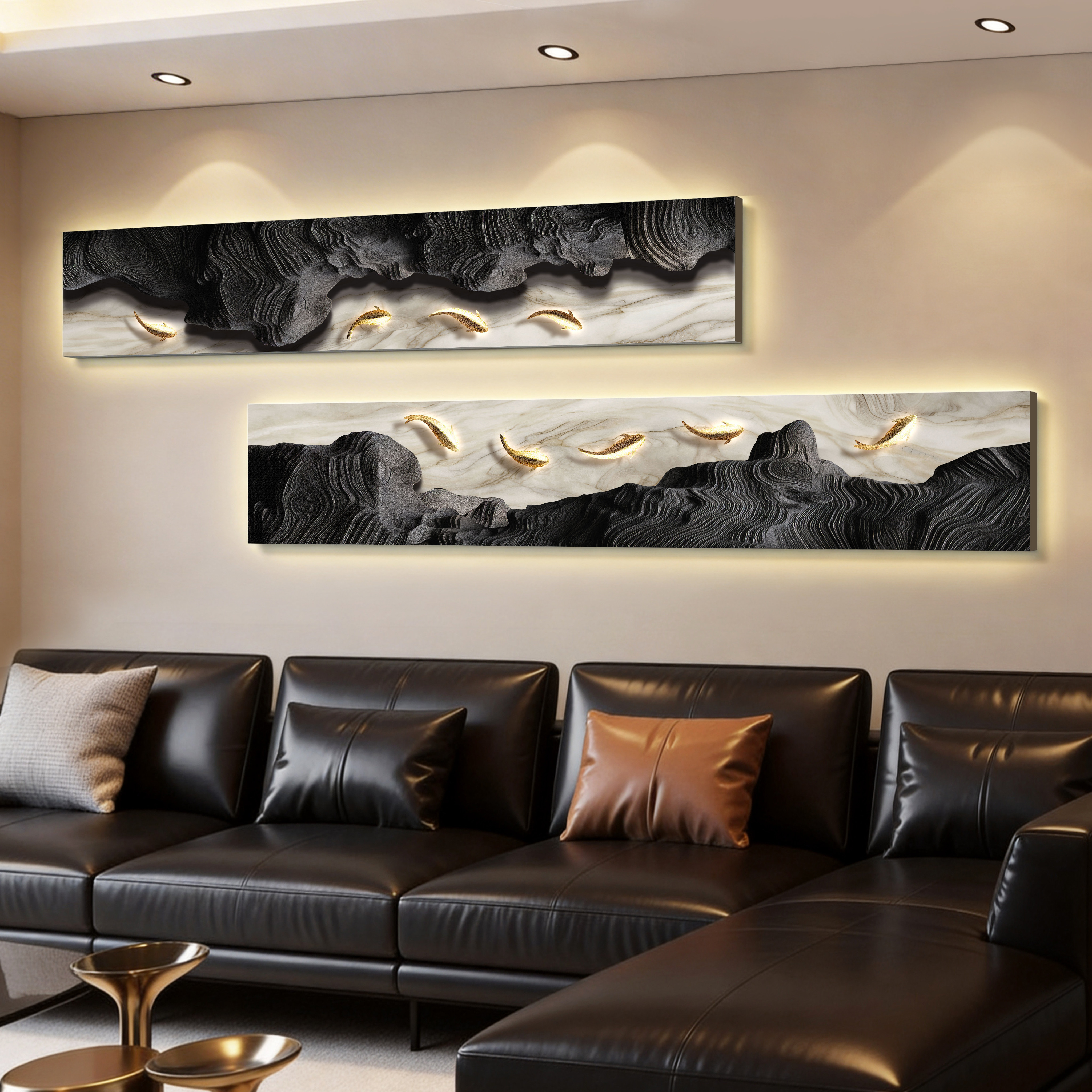 轻奢led灯客厅装饰画沙发背景墙挂画壁画现代简约高级感立体砂岩