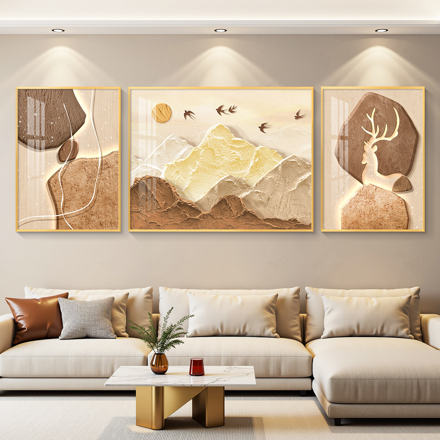 石来运转轻奢客厅装饰画沙发背景墙挂画壁画简约现代高级感三联画