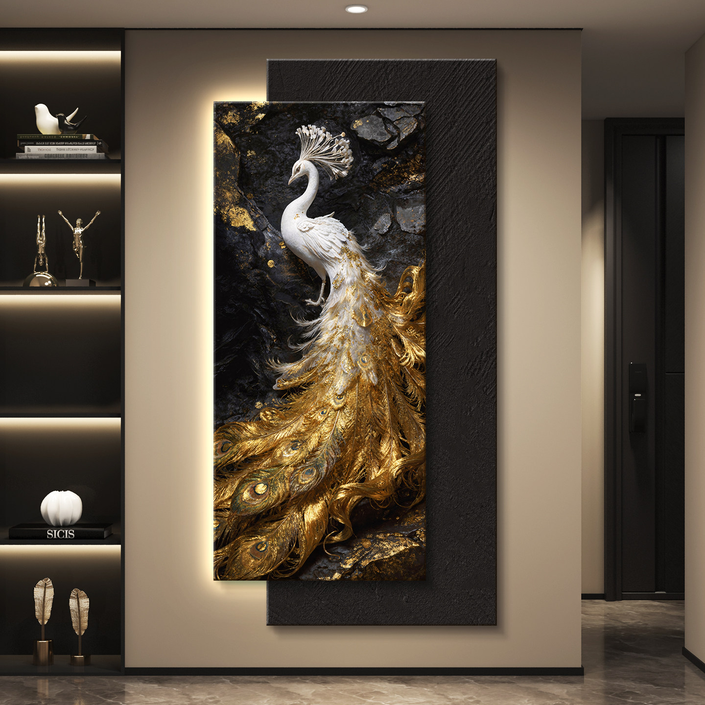 孔雀led带灯轻奢入户玄关装饰画走廊过道挂画壁画高级感现代简约