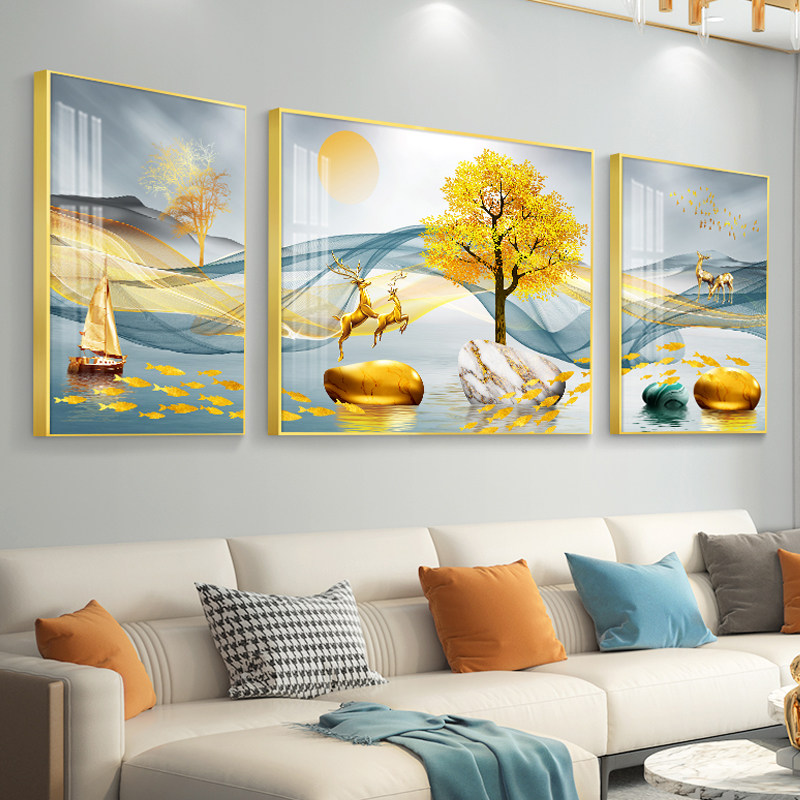 轻奢客厅装饰画沙发背景墙挂画壁画现代简约山水画墙画三联画大气