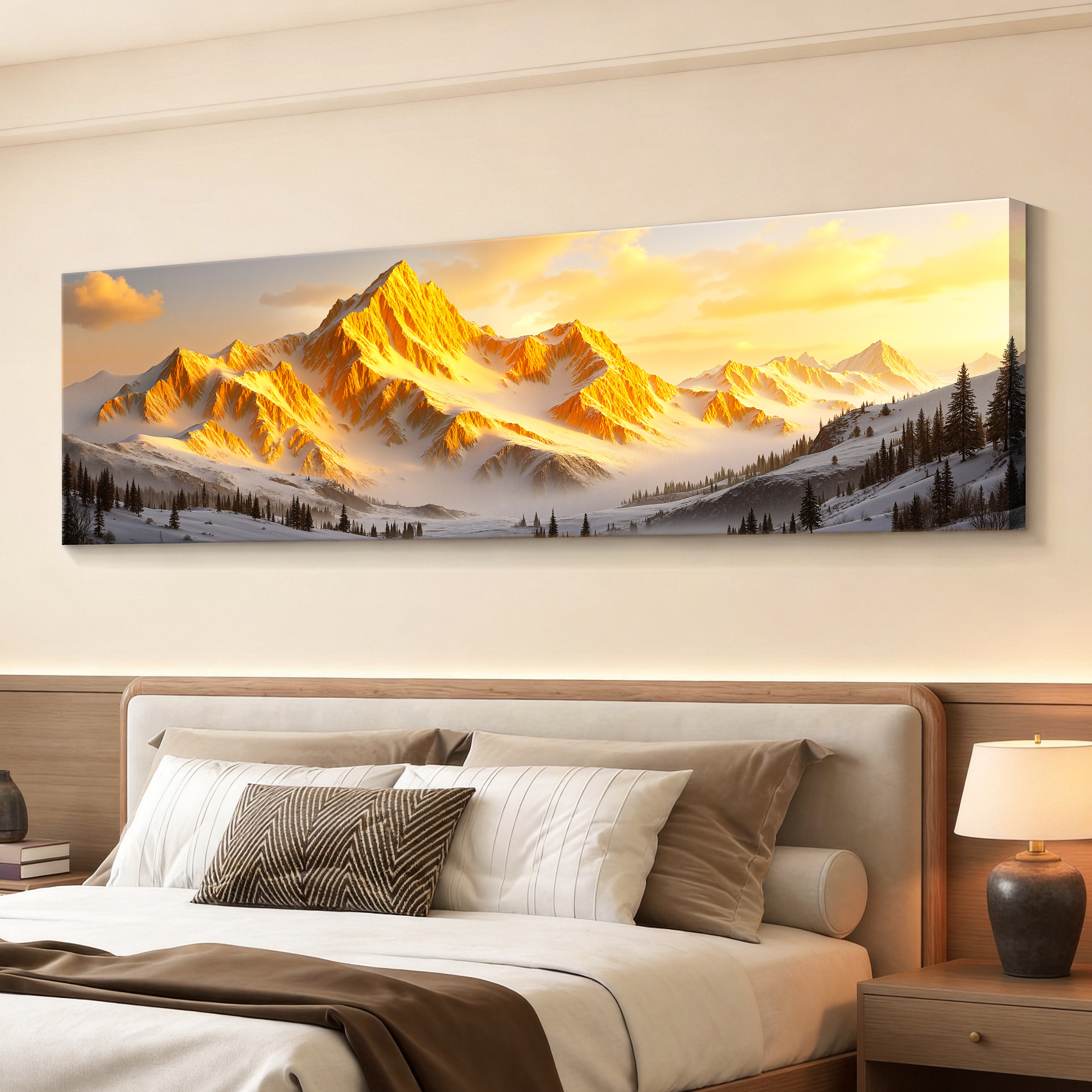 日照金山轻奢卧室床头装饰画主卧房间挂画壁画现代高级感立体砂岩
