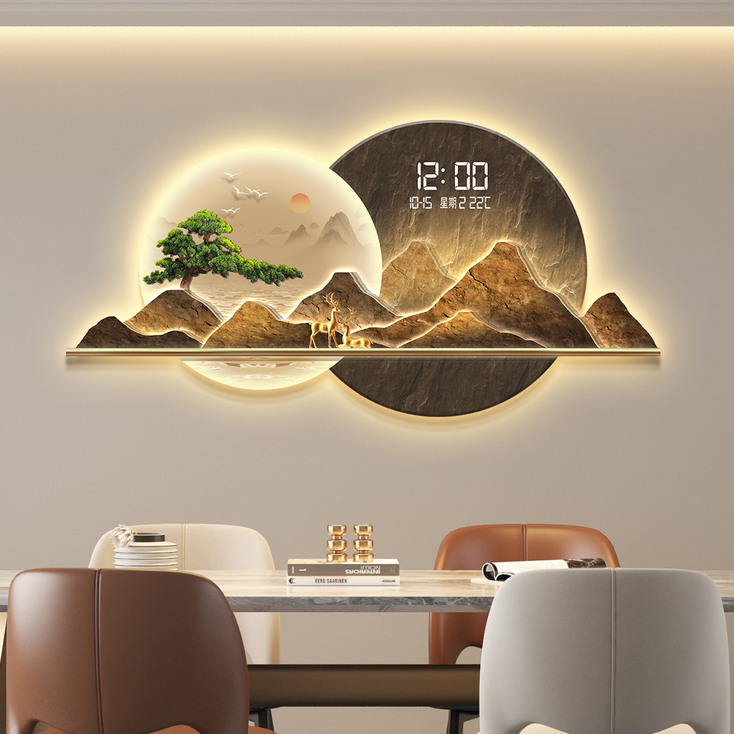 轻奢led带灯餐厅装饰画饭厅背景墙挂画壁画简约现代高级感带钟表