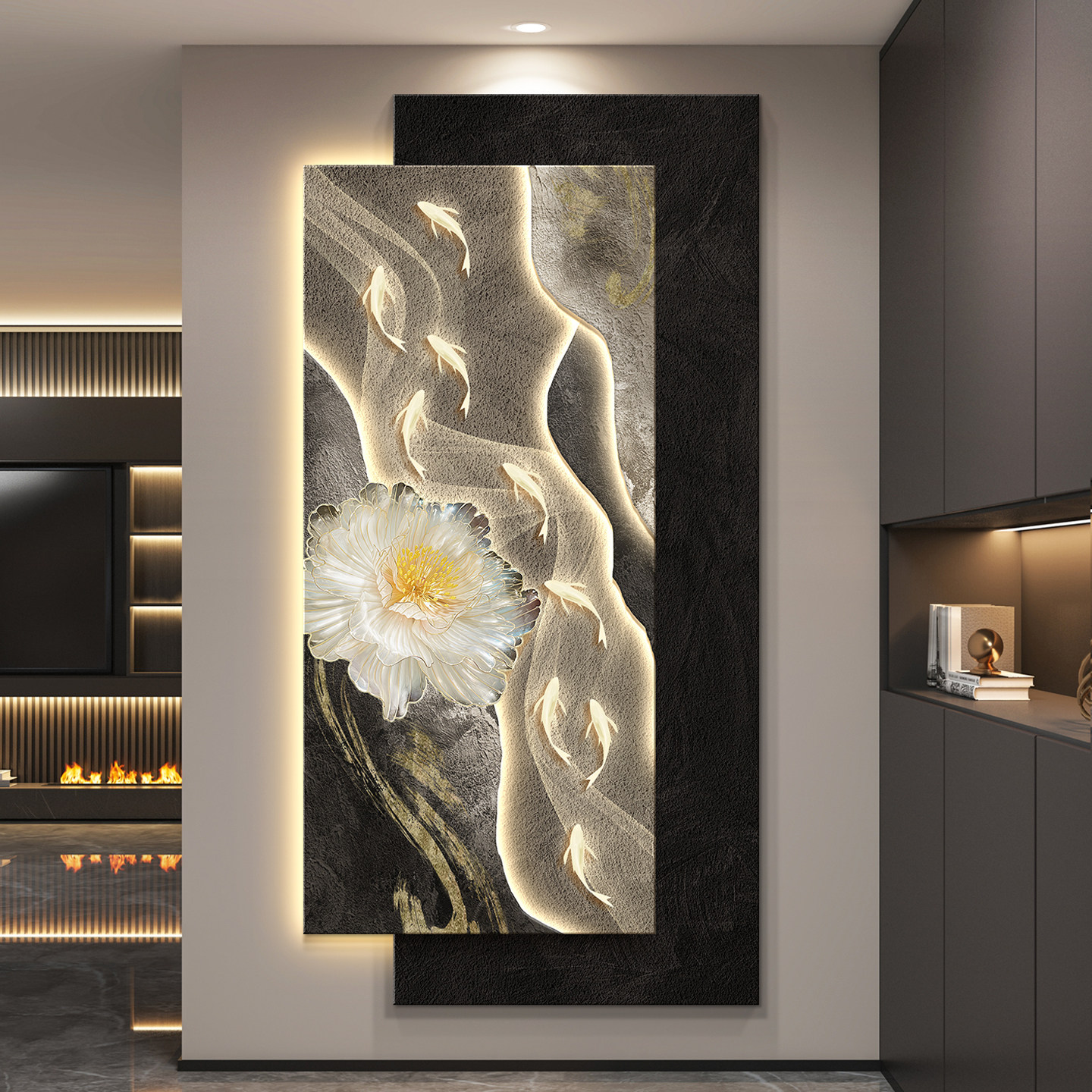九鱼图LED灯轻奢入户玄关装饰画 画走廊过道挂画 画壁画 画高级感