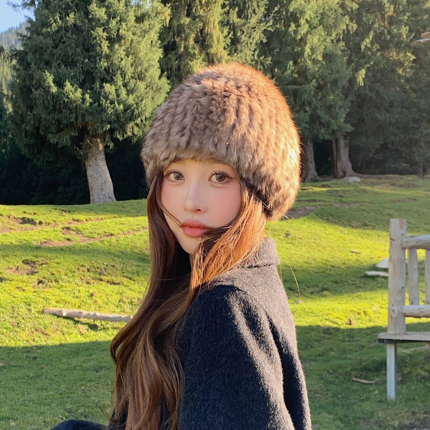 大头加厚帽子小圆帽双面兔毛编织弹力雪花帽冬季保暖百搭女帽护耳