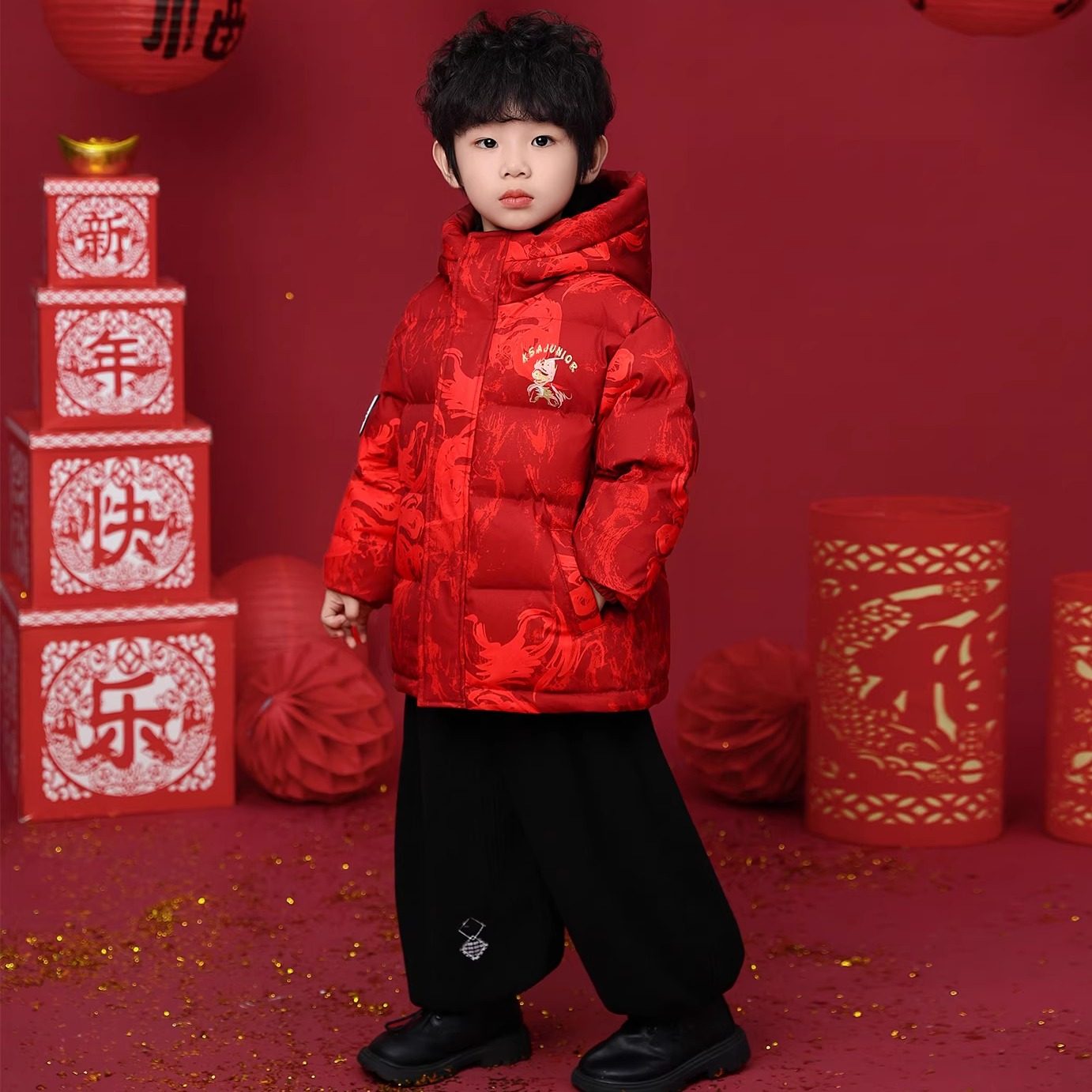 平安喜乐拜年服儿童羽绒服男童冬季外套宝宝新年红色女童加厚保暖
