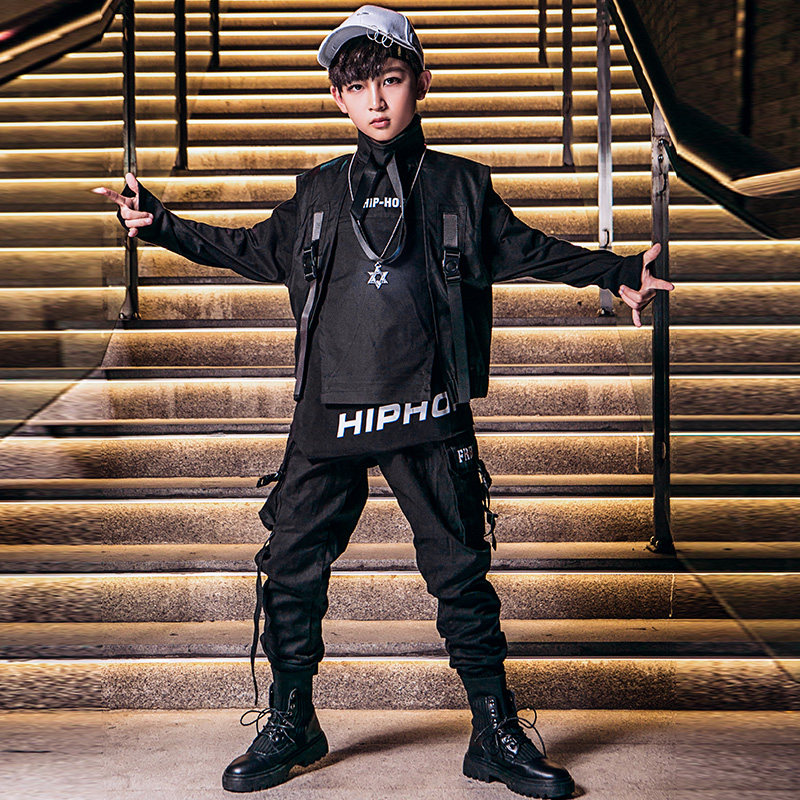 街舞套装男童工装嘻哈模特走秀儿童长袖演出服帅气表演服架子鼓潮