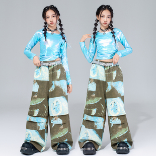 儿童爵士舞服装 潮酷蓝色亮皮时髦女童舞蹈服jazz女孩街舞潮服套装