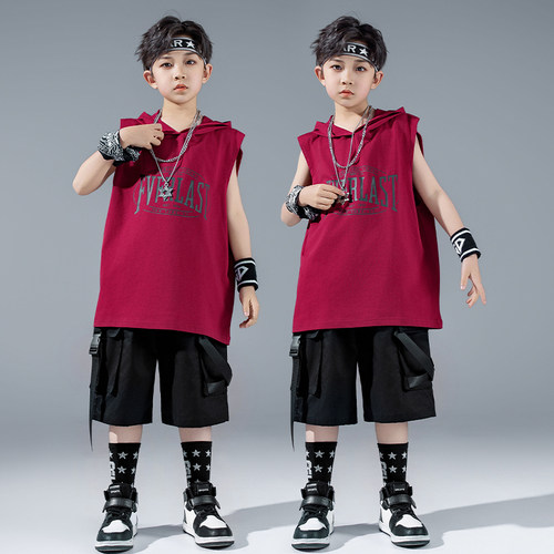 儿童街舞潮服hiphop嘻哈男童无袖套装演出服幼儿夏季架子鼓表演服