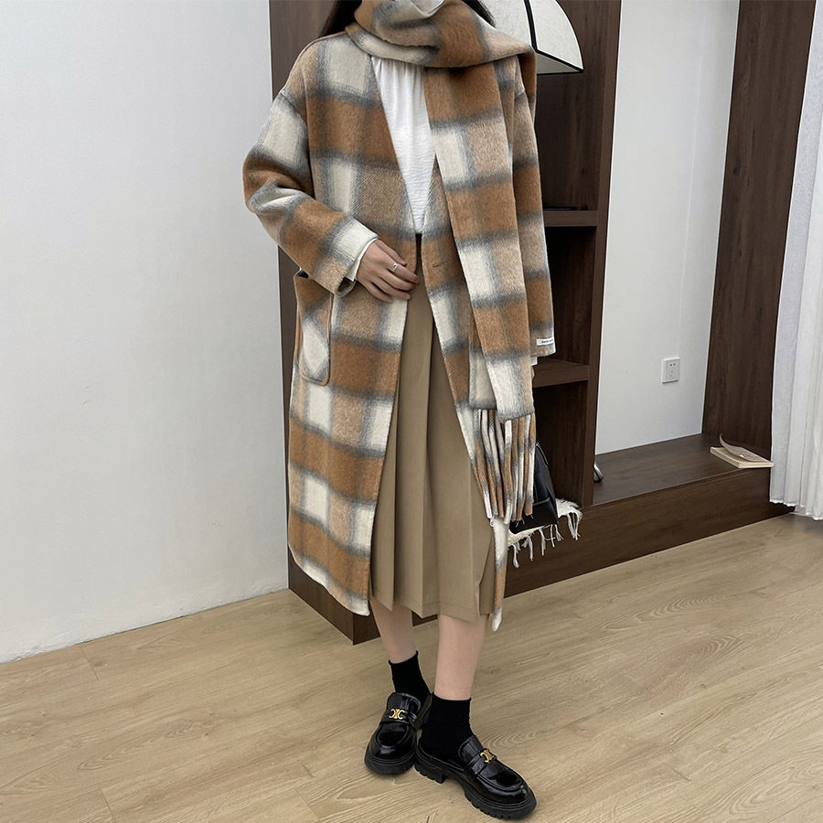 严选莉之绮时髦复古格子双面羊毛大衣春秋款带围巾款毛呢外套2024