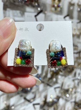 方形珍珠蓝色黄色绿色红色微镶锆石手工彩色气质耳钉显肤白设计感