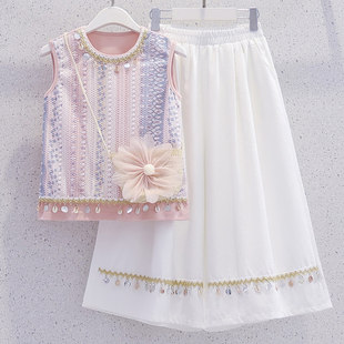 女童巨儿童裙子裤风夏季度假两件套好看套装2026新款民族无袖海边