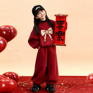 套装洋派加厚穿一整套女童搭配新年加绒本命年衣服女孩红色搭冬装