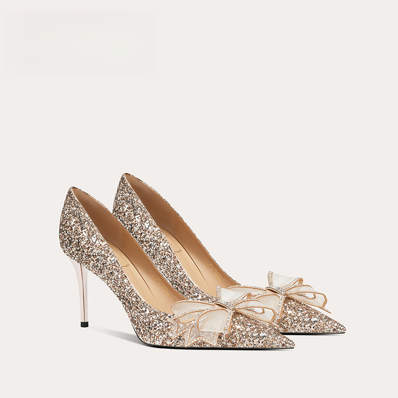 Isabella订婚鞋金色蝴蝶结高跟鞋