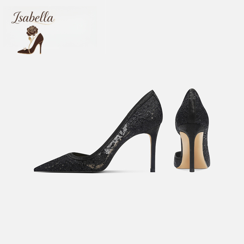 Isabella蕾丝黑色性感侧空高跟鞋