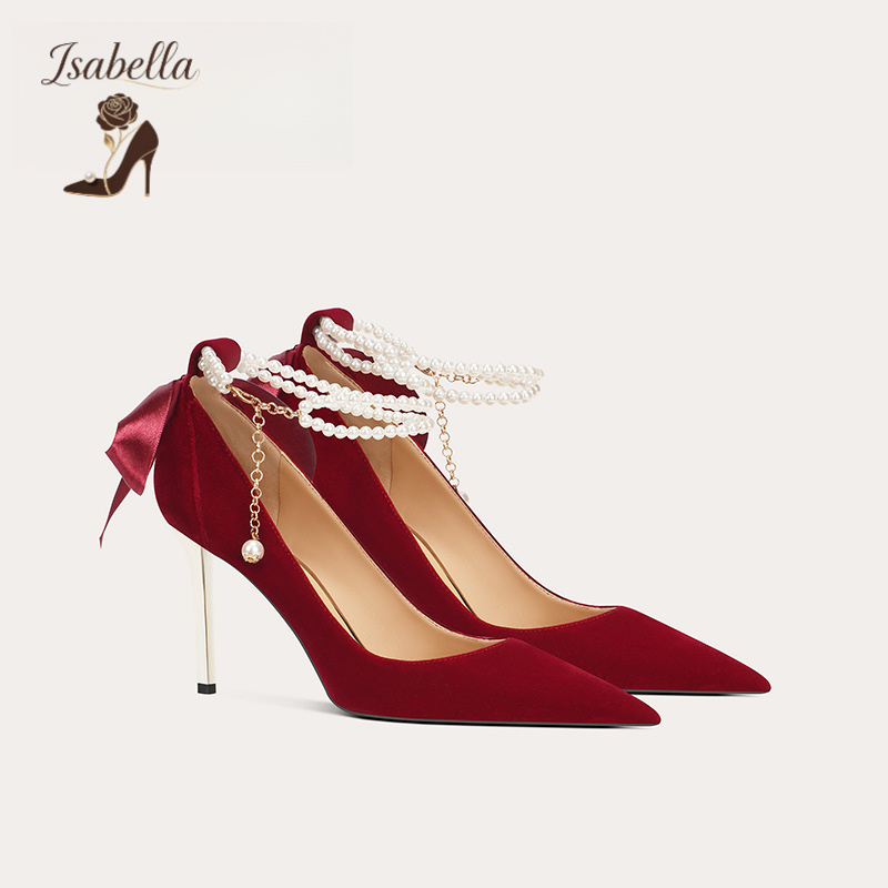 Isabella婚鞋红色绒面丝带珍珠链