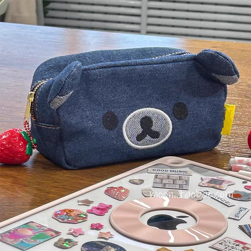 日系轻松熊牛仔帆布笔袋ins风文具盒初高中生铅笔盒小众简约笔盒