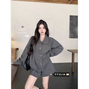 毛衣外套针织短裤 两件套女韩系慵懒风polo领长袖 时尚 2026春秋新款