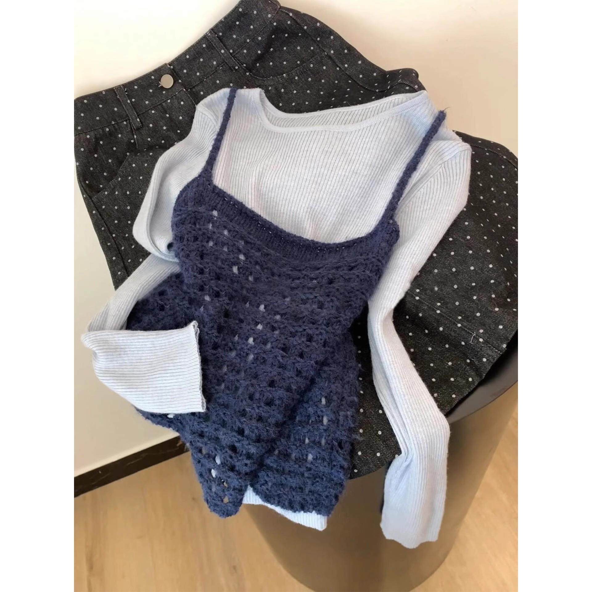 温柔风针织吊带背心内搭长袖打底衫两件套女春秋季新款氛围感套装