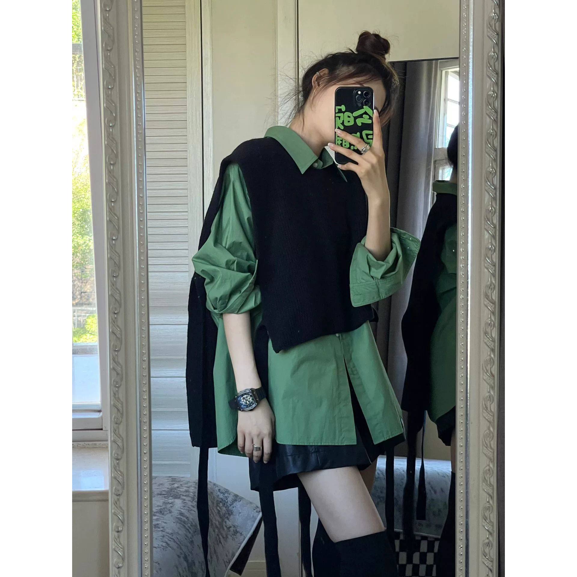 2025夏季茶系宽松百搭纯色长袖衬衫设计感别致针织坎肩马甲两件套,女装/女士精品,时尚套装,淘宝优惠券,粉丝福利购,淘宝优惠卷