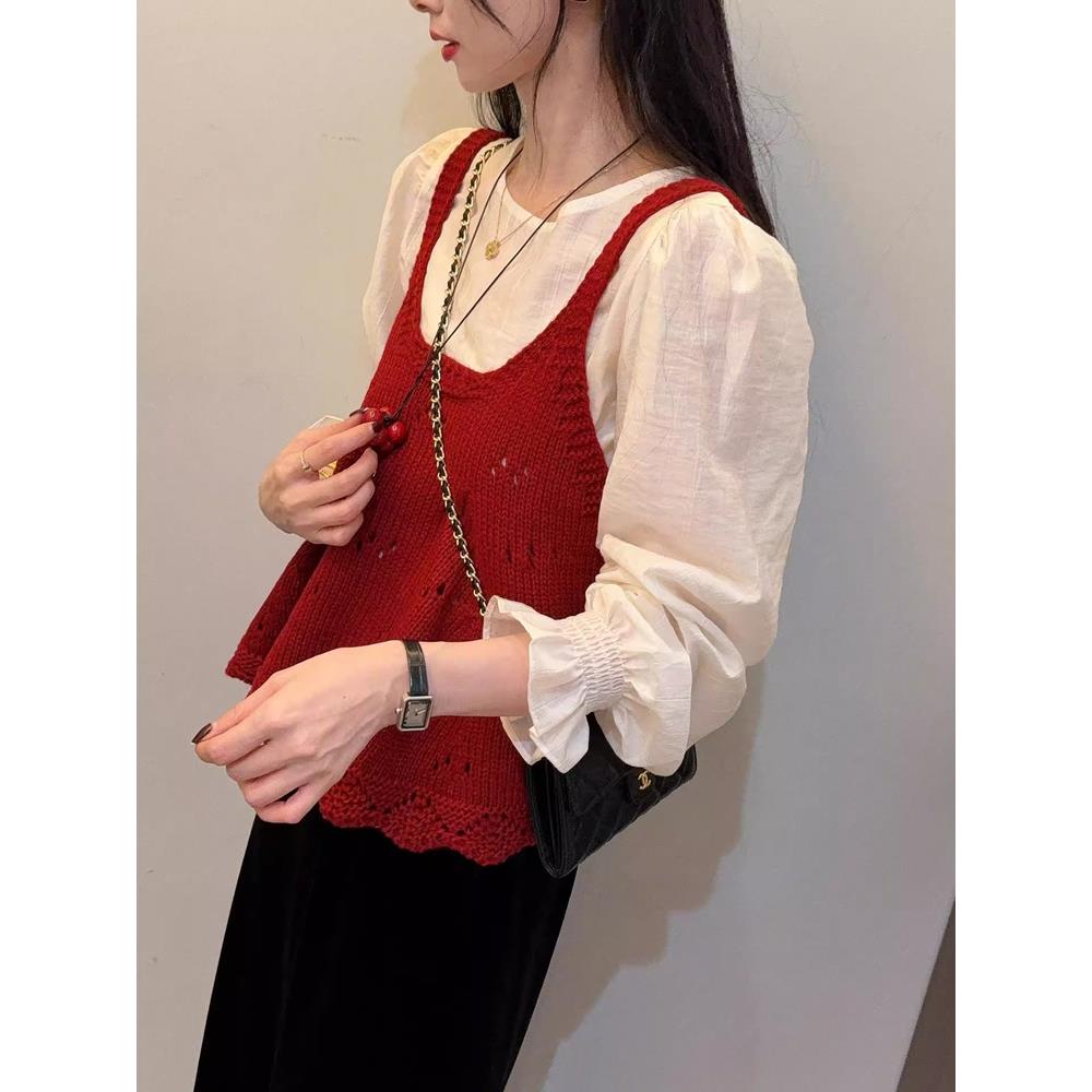 衬衫镂空针织背心马甲两件套