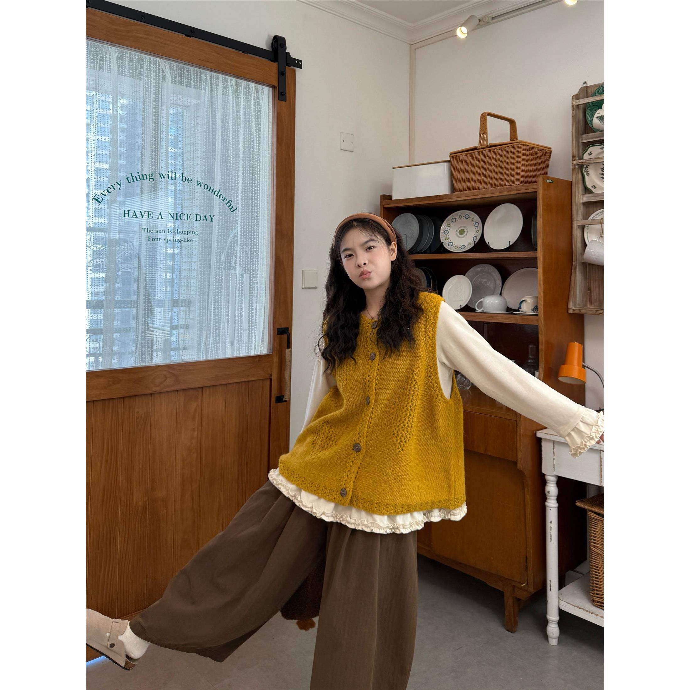 设计感花边长袖T恤覆古钩花针织坎肩马甲女2025秋季新款套装潮ins,女装/女士精品,时尚套装,淘宝优惠券,粉丝福利购,淘宝优惠卷