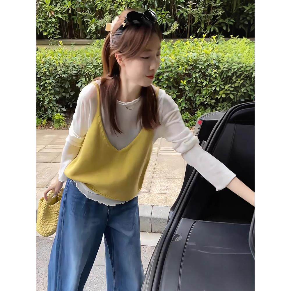 韩版叠穿后绑带针织马甲打底衫女春秋季新款时髦洋气减龄两件套女,女装/女士精品,时尚套装,淘宝优惠券,粉丝福利购,淘宝优惠卷
