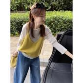 新款 女春秋季 时髦洋气减龄两件套女 叠穿后绑带针织马甲打底衫 韩版
