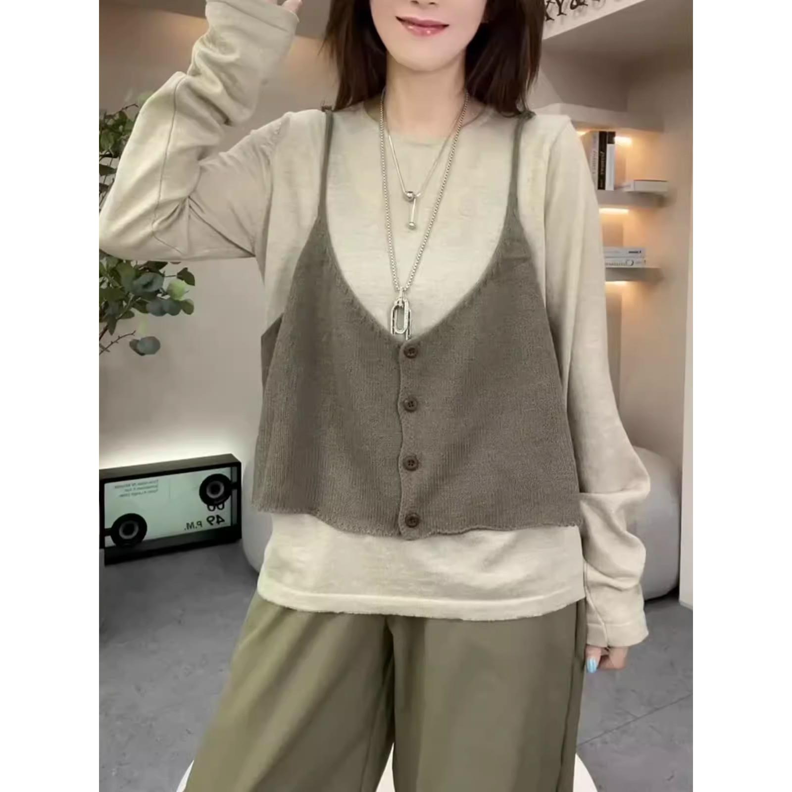 纯色V领单排扣针织小吊带马甲春秋韩系叠穿长袖针织衫背心两件套