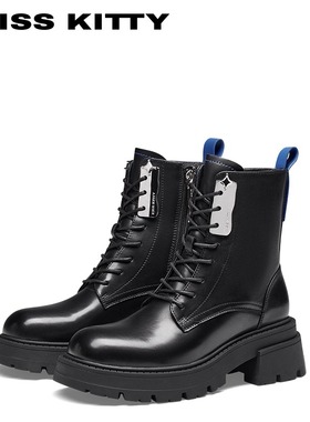 KISSKITTY秋冬新款[牛皮英伦风]马丁靴圆头粗高跟短靴SA43545-82