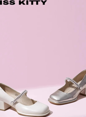 KISSKITTY春夏[法式单鞋]方头玛丽珍鞋珍珠粗高跟鞋女SA65125-81