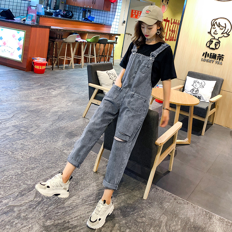 Lusam2023夏季新款破洞牛仔背带裤女韩版宽松老爹裤显瘦连体裤女