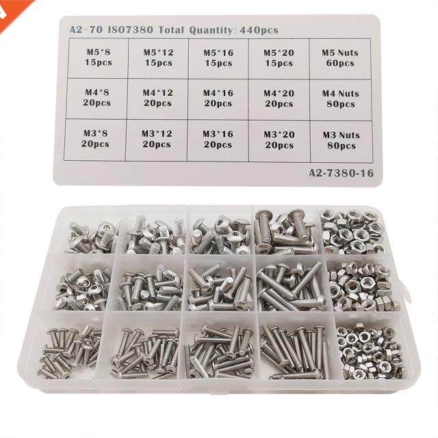 440Pcs Hex Screw Bolt Nuts M3 M4 M5 Stainless Steel Hex Sock