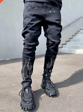 2022 Men's Ripped Hot Drill Jeans Skinny Jeans Black Sretch